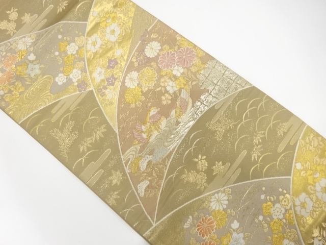 流水に鴛鴦・花模様織出し袋帯